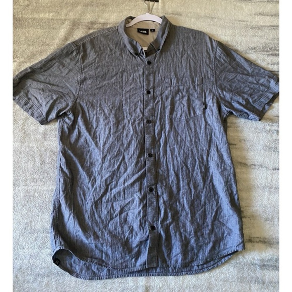 Vans Mens XL Short Sleeve Button Down Shirt Grey Herringbone Skater Casual